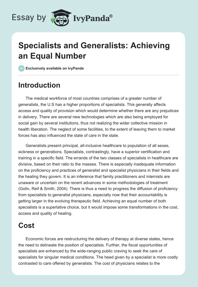 Specialists and Generalists: Achieving an Equal Number. Page 1