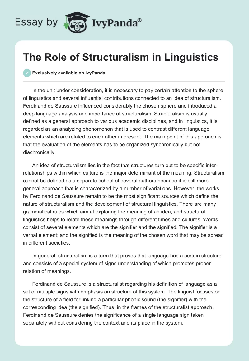 The Role of Structuralism in Linguistics. Page 1