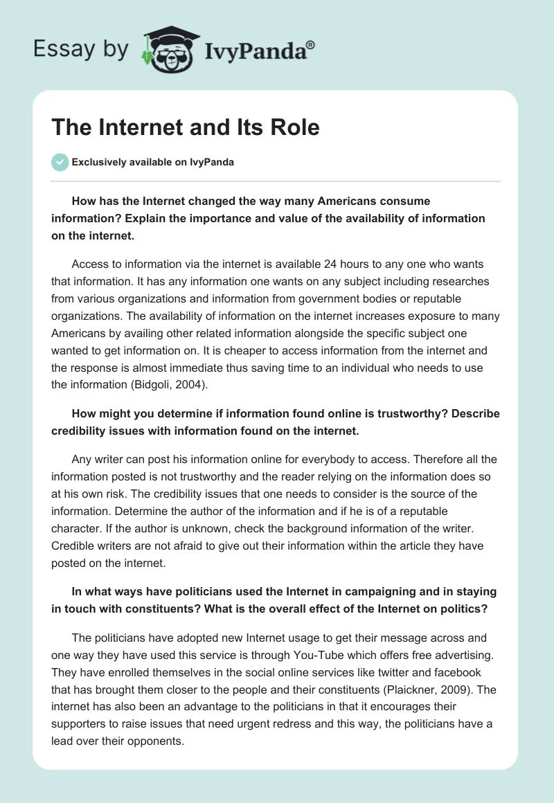 The Internet and Its Role. Page 1