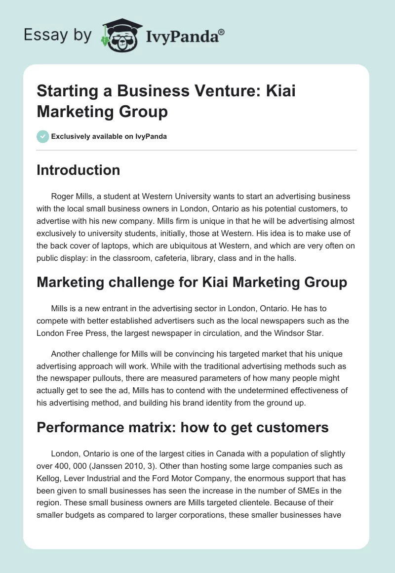 Starting a Business Venture: Kiai Marketing Group. Page 1