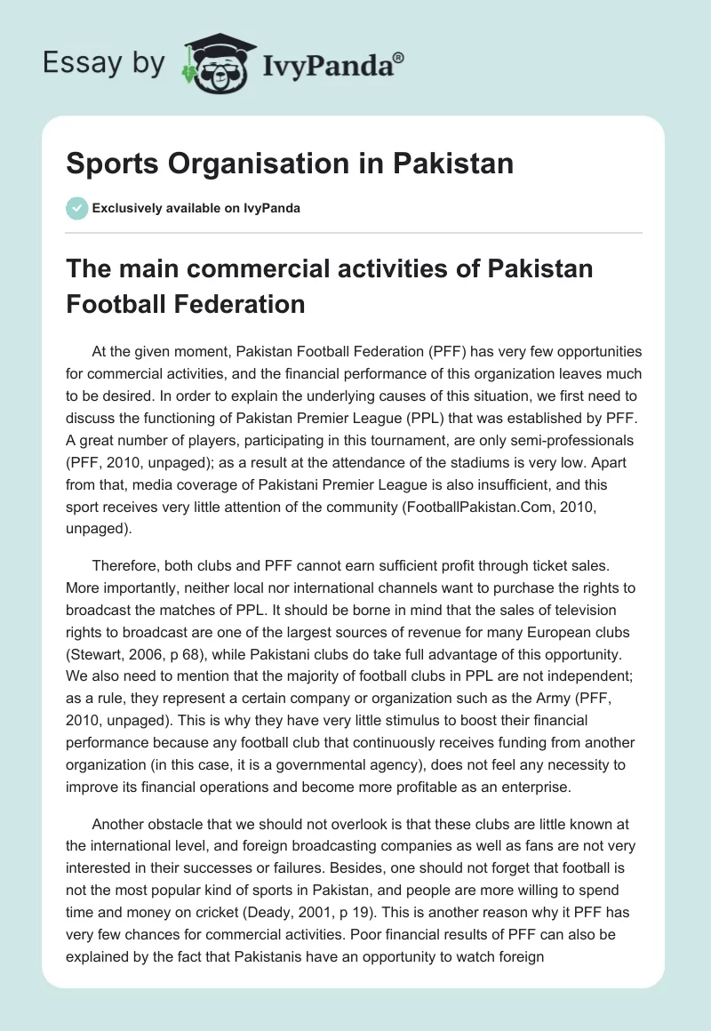 Sports Organisation in Pakistan. Page 1