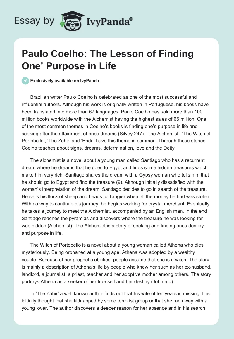 Paulo Coelho: The Lesson of Finding One’ Purpose in Life. Page 1