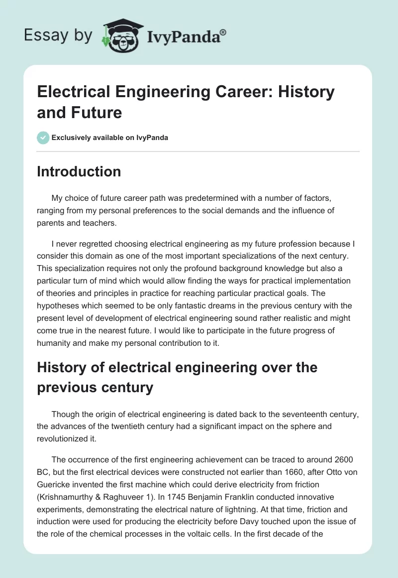 Electrical Engineering Career: History and Future. Page 1