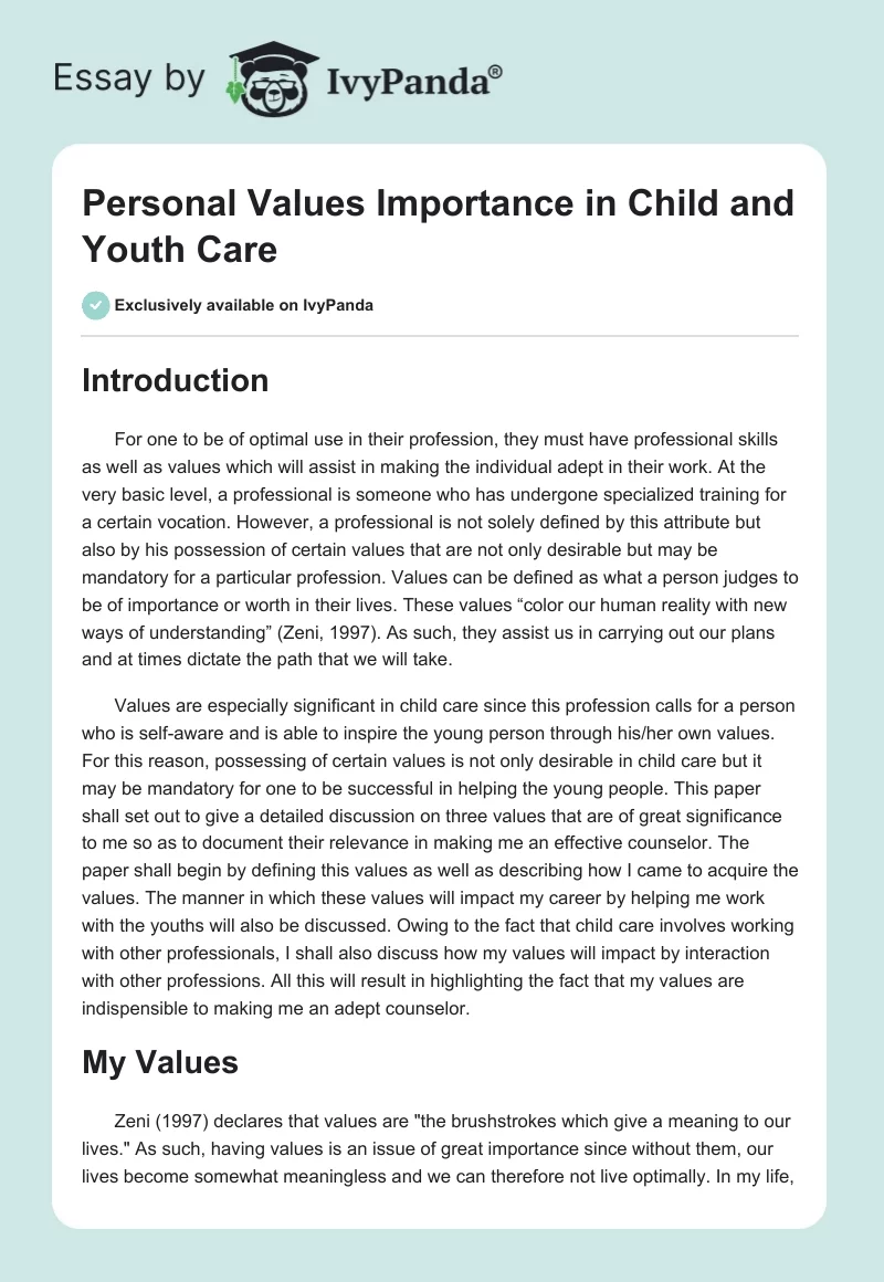 Personal Values Importance in Child and Youth Care. Page 1