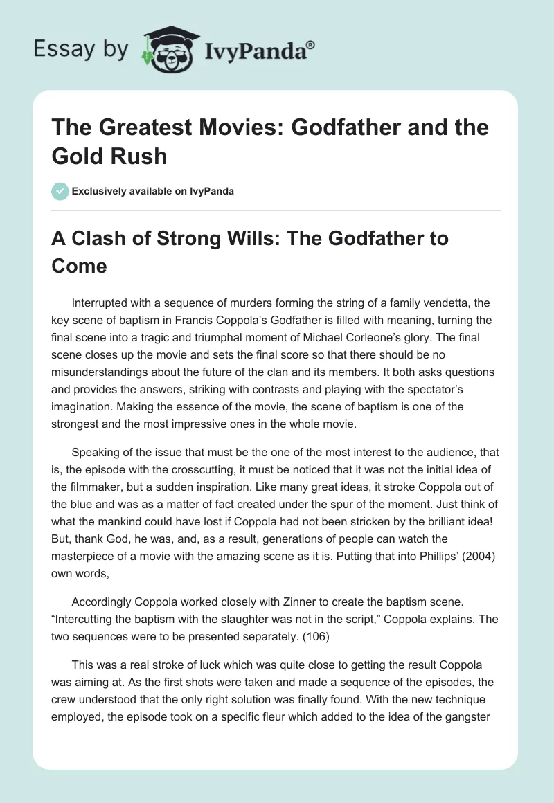 The Greatest Movies: Godfather and the Gold Rush. Page 1
