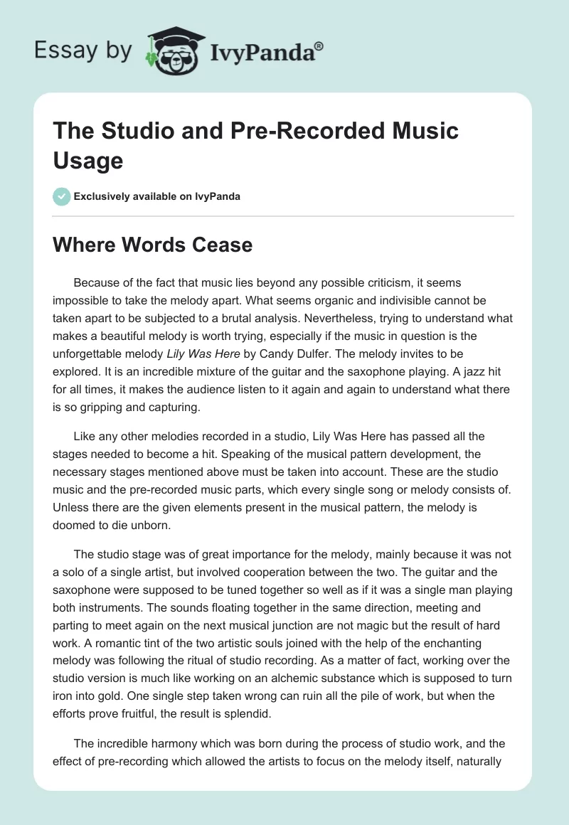 The Studio and Pre-Recorded Music Usage. Page 1