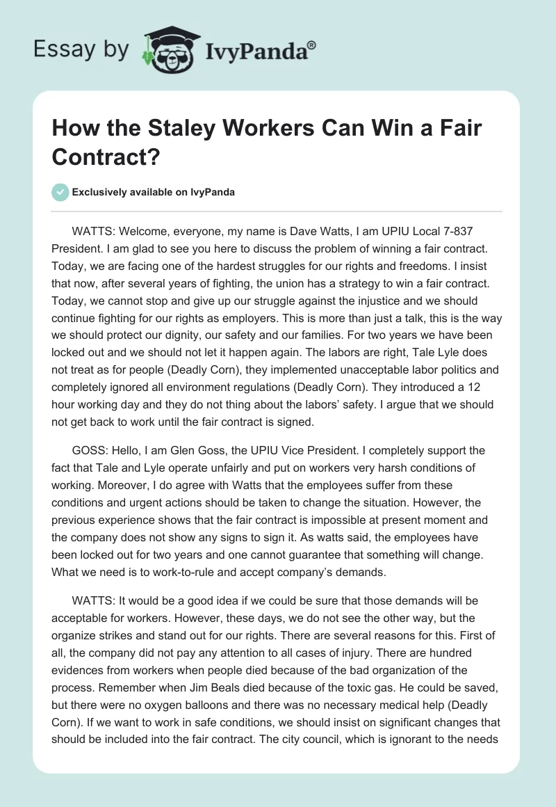 How the Staley Workers Can Win a Fair Contract?. Page 1