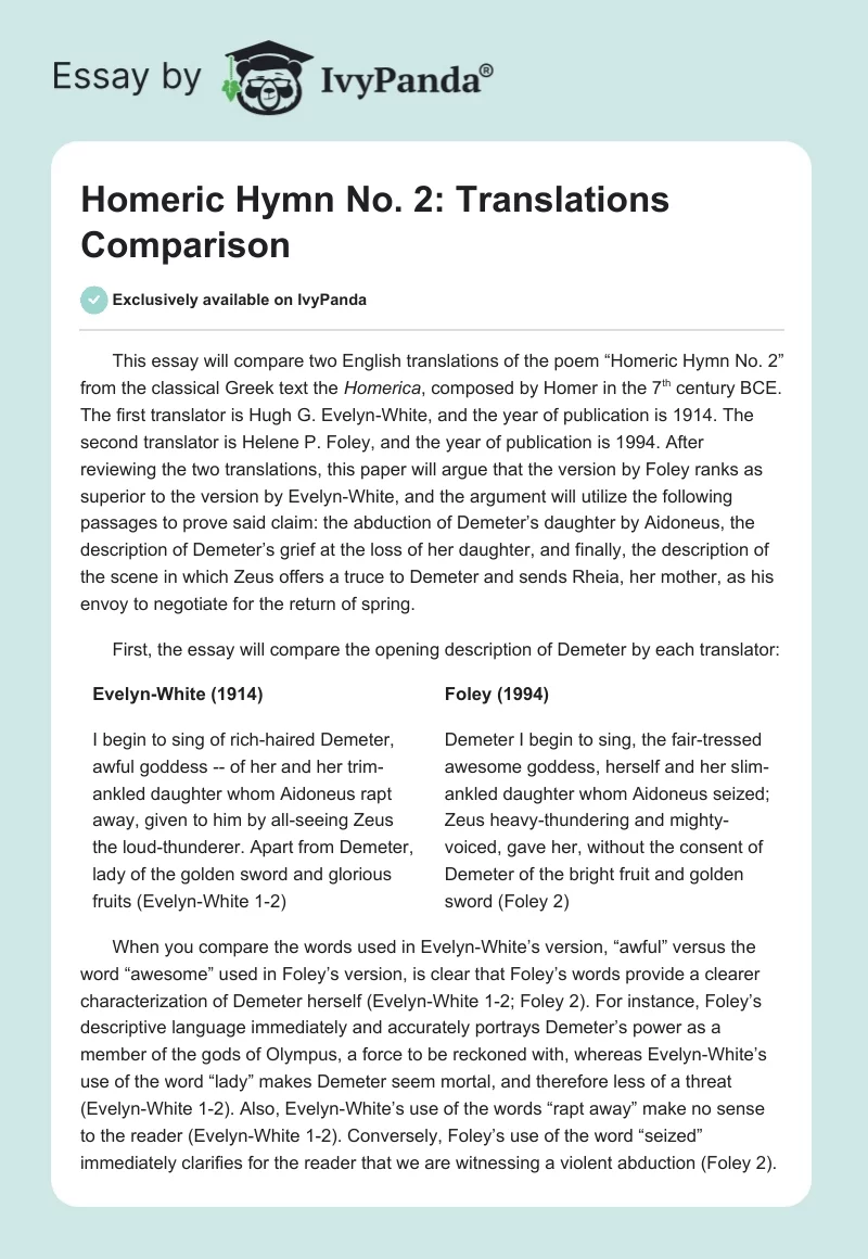 Homeric Hymn No. 2: Translations Comparison. Page 1