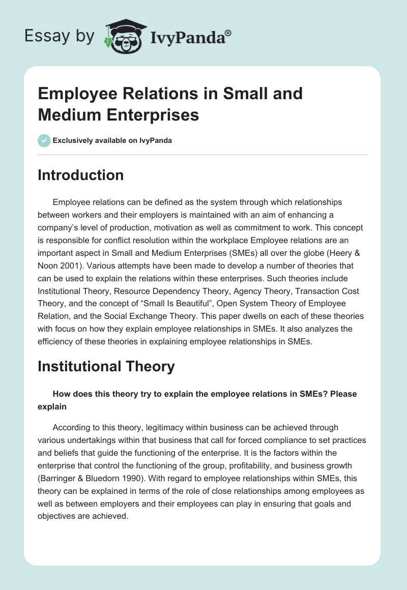 Employee Relations in Small and Medium Enterprises. Page 1