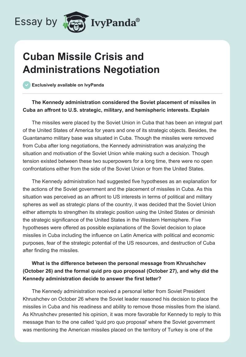 Cuban Missile Crisis and Administrations Negotiation. Page 1