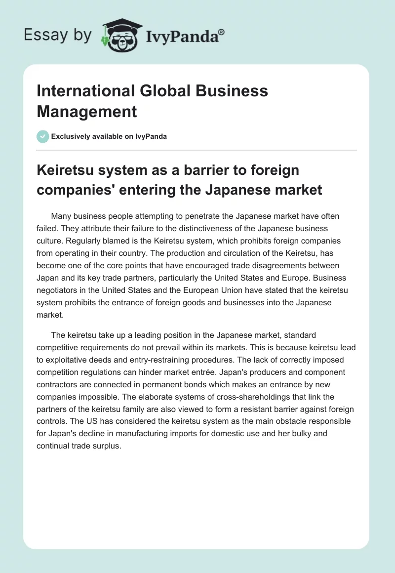International Global Business Management. Page 1