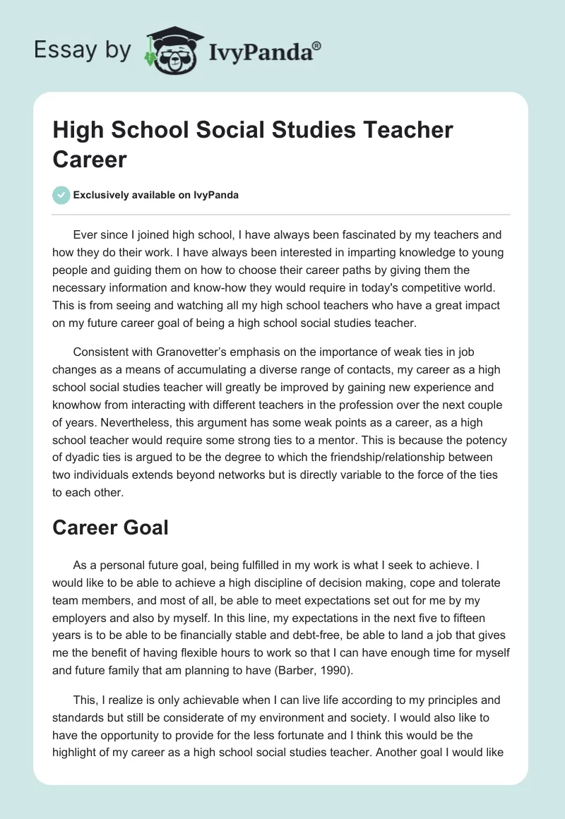 High School Social Studies Teacher Career. Page 1