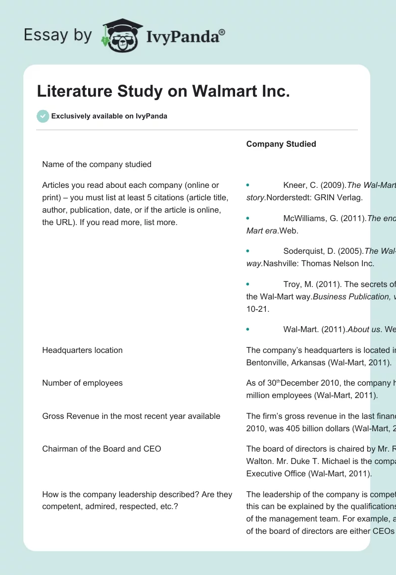 Literature Study on Walmart Inc.. Page 1
