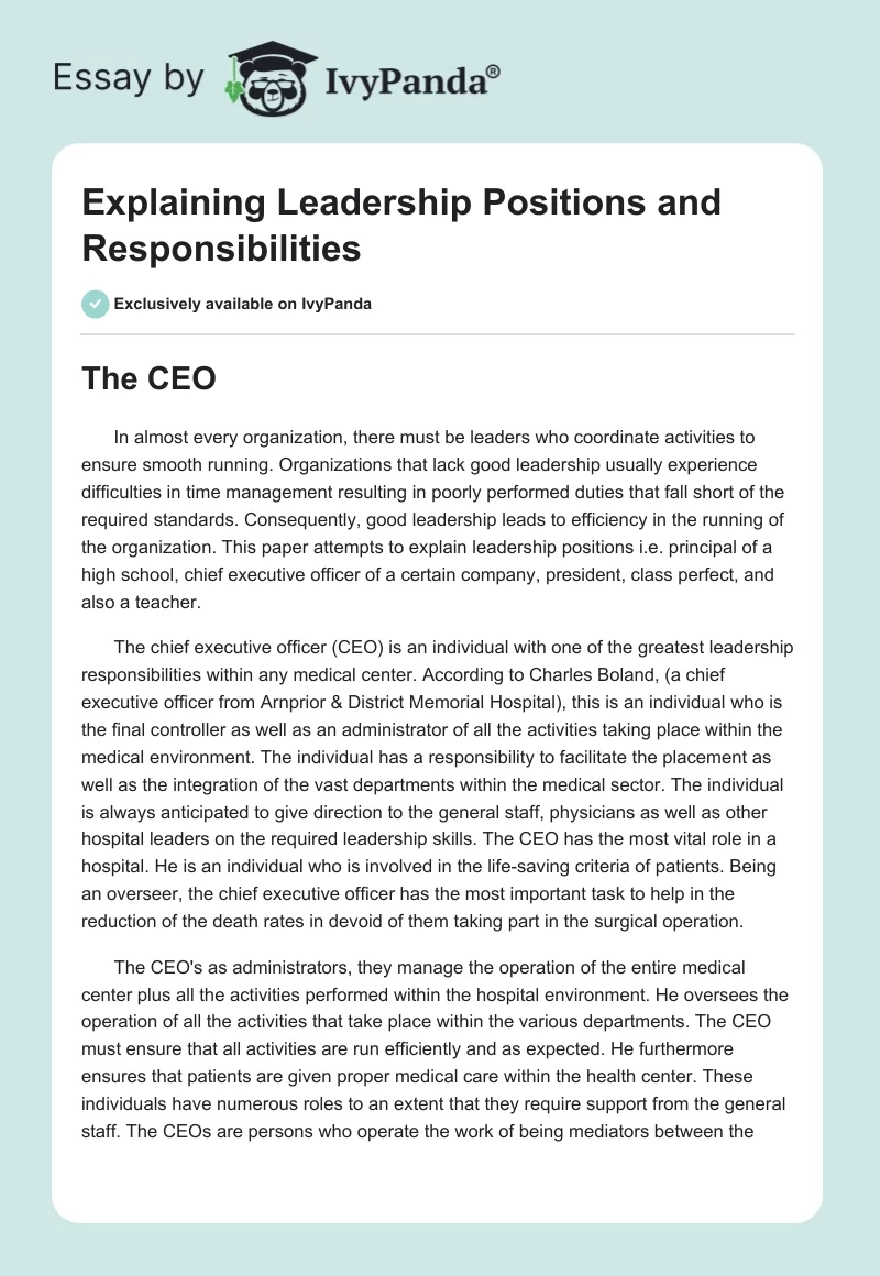 Explaining Leadership Positions and Responsibilities. Page 1