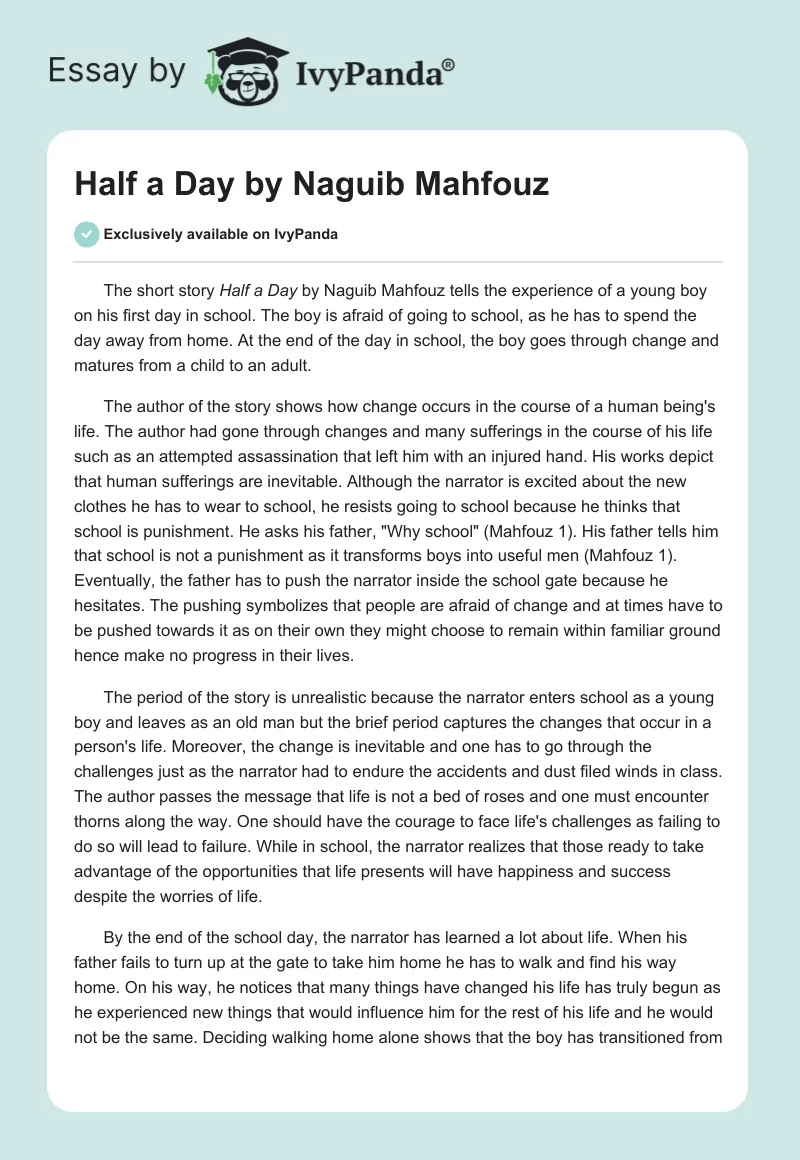 "Half a Day" by Naguib Mahfouz. Page 1