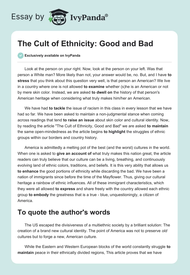The Cult of Ethnicity: Good and Bad. Page 1