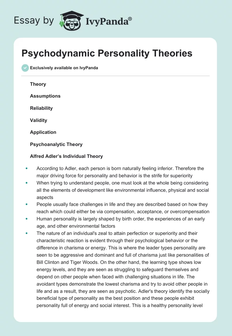 Alfred Adler’s Individual Theory & Psychodynamic Personality Theories. Page 1