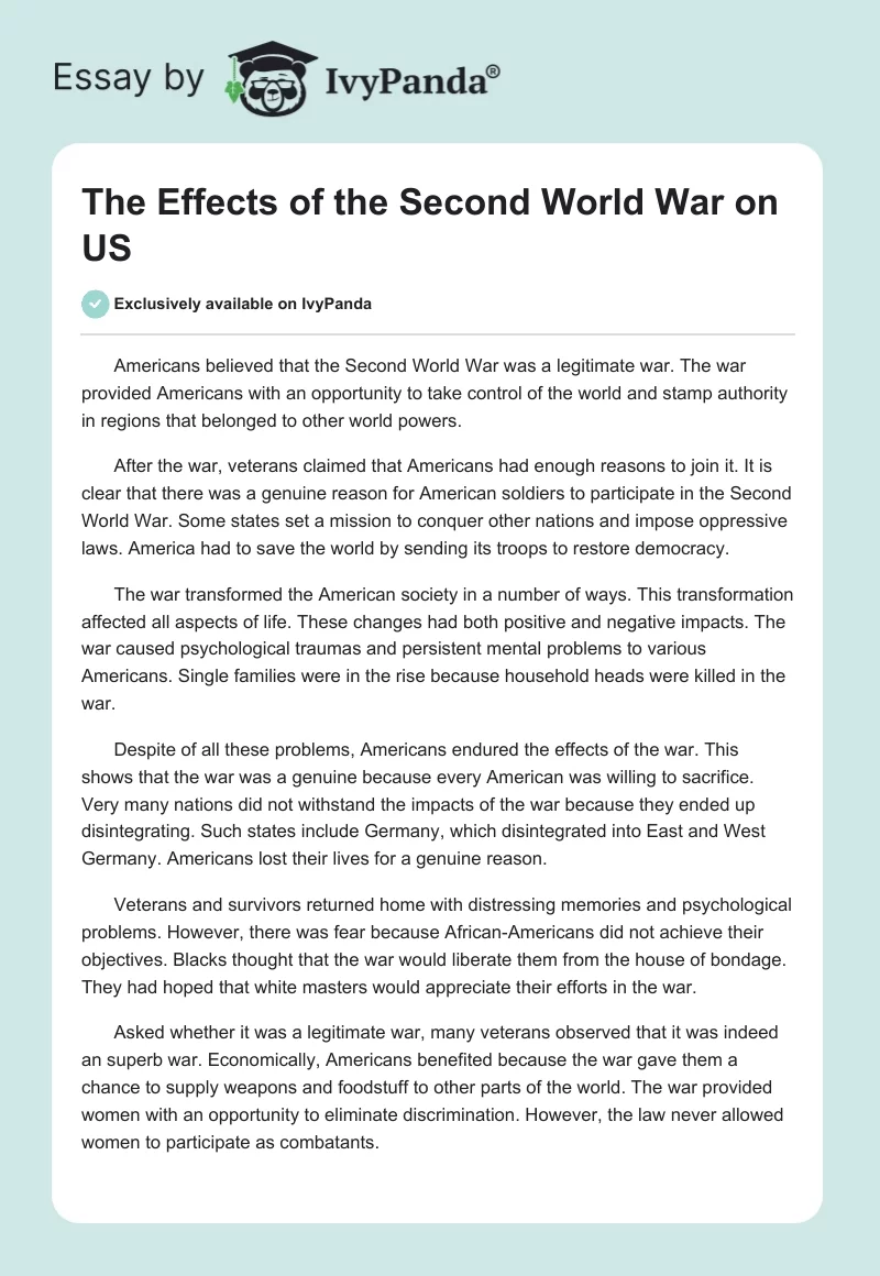 The Effects of the Second World War on US. Page 1