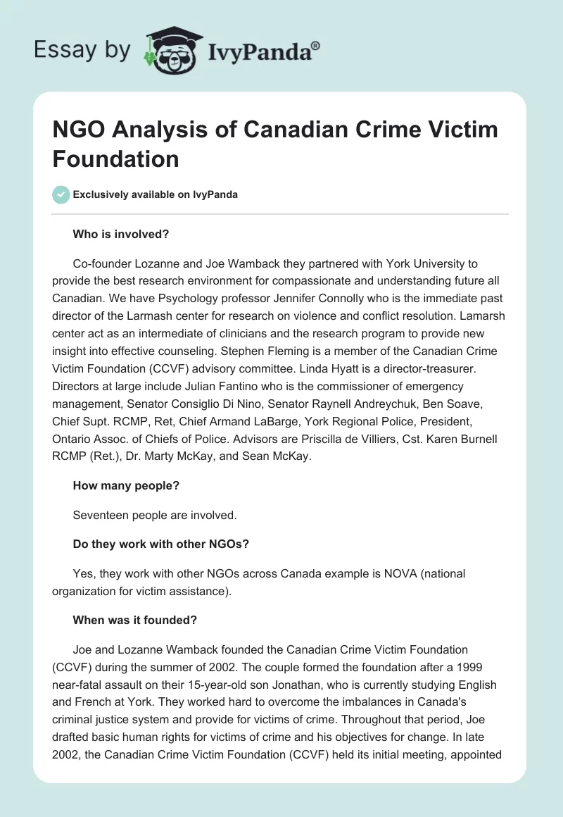 NGO Analysis of Canadian Crime Victim Foundation. Page 1