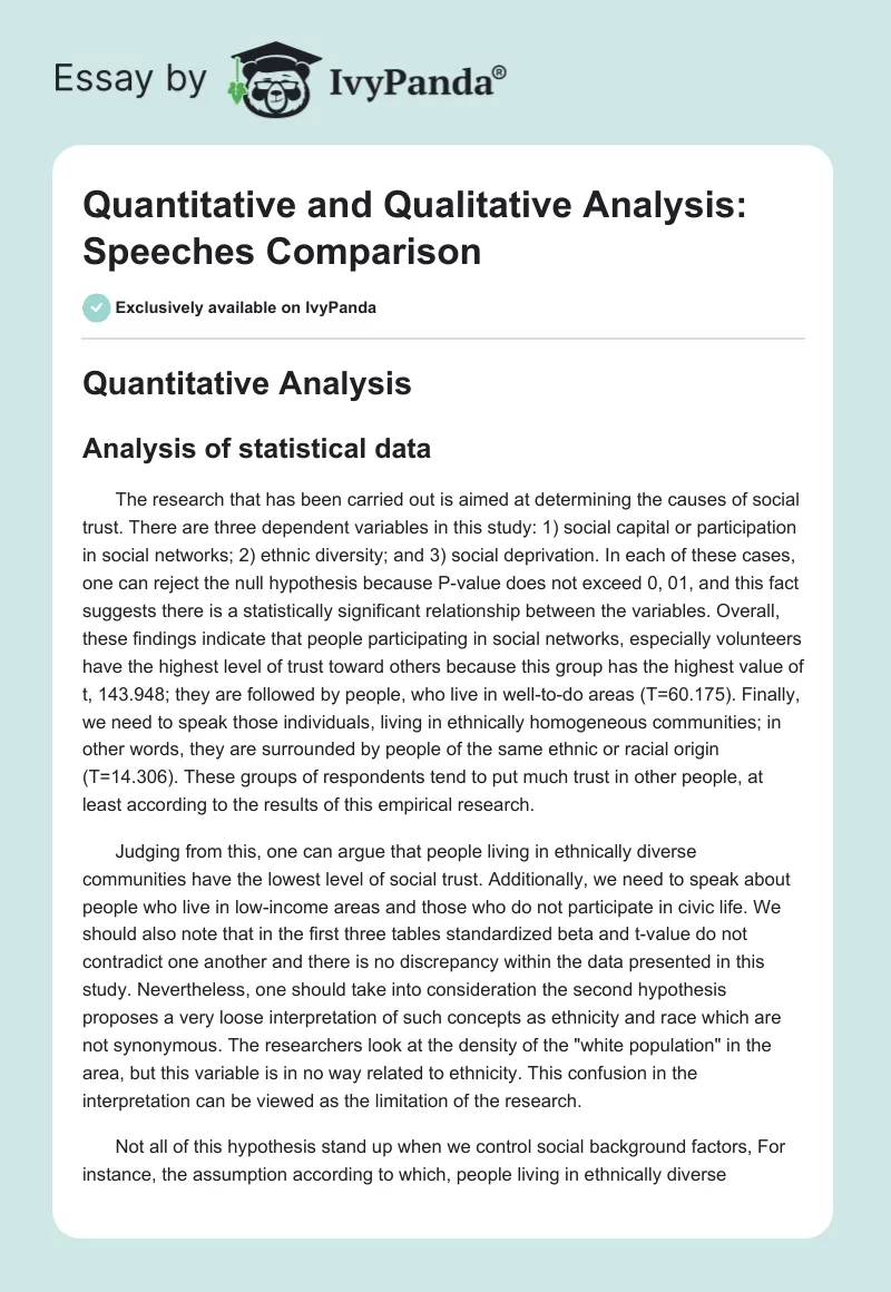 Quantitative and Qualitative Analysis: Speeches Comparison. Page 1