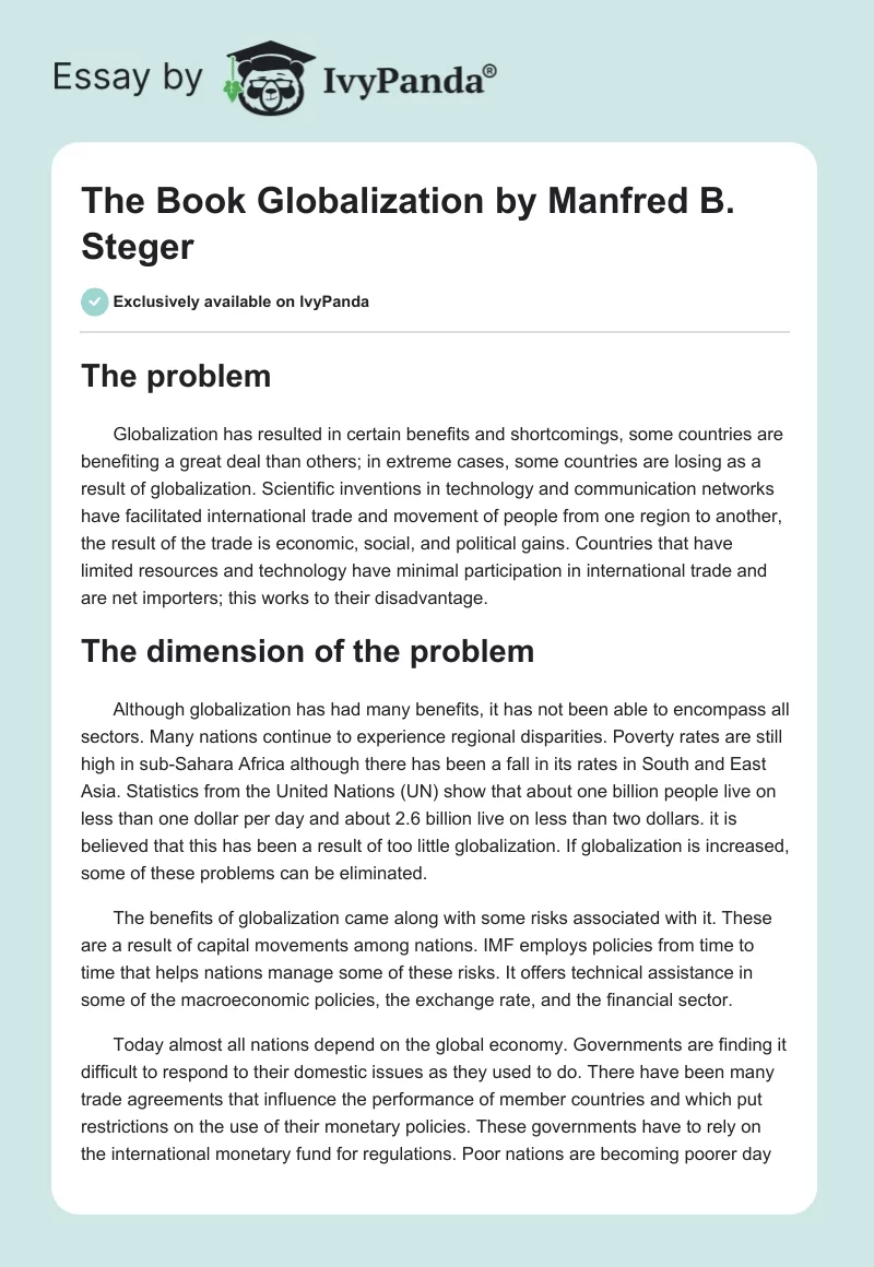 The Book "Globalization" by Manfred B. Steger. Page 1