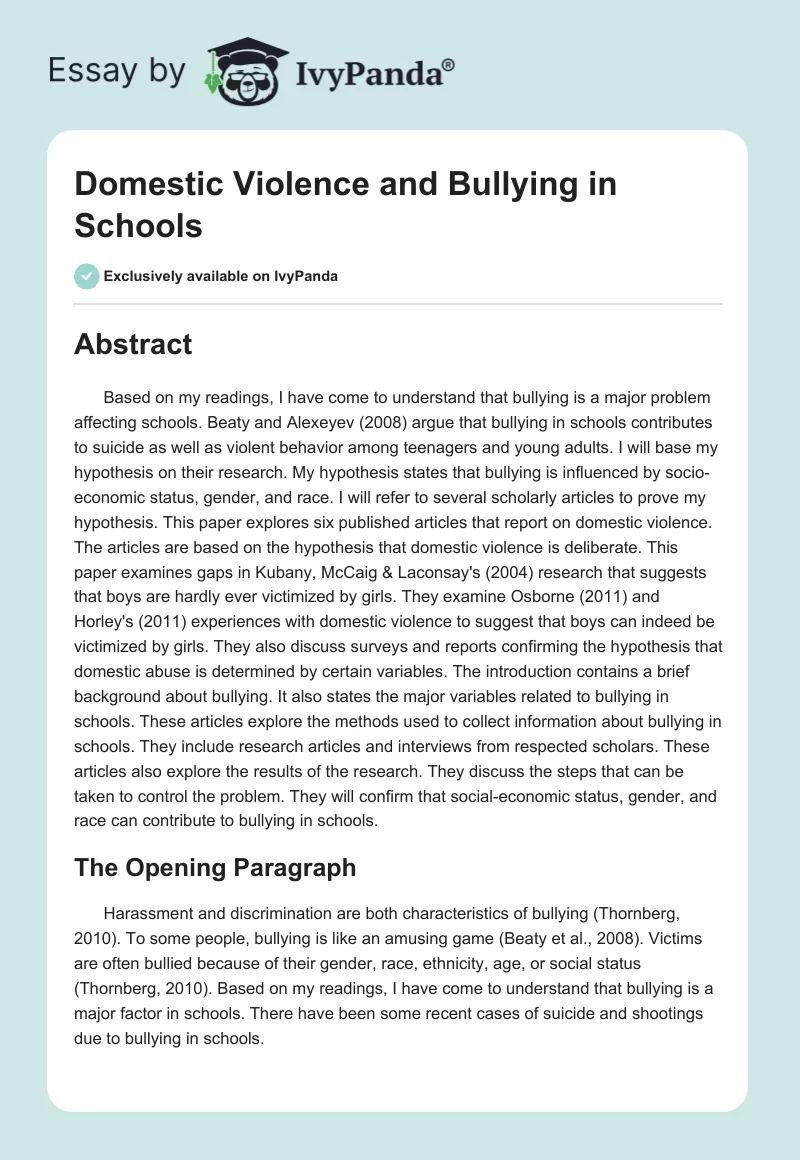 Domestic Violence and Bullying in Schools. Page 1