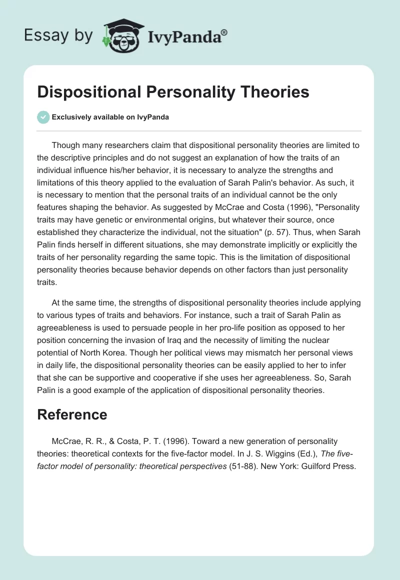 Dispositional Personality Theories. Page 1