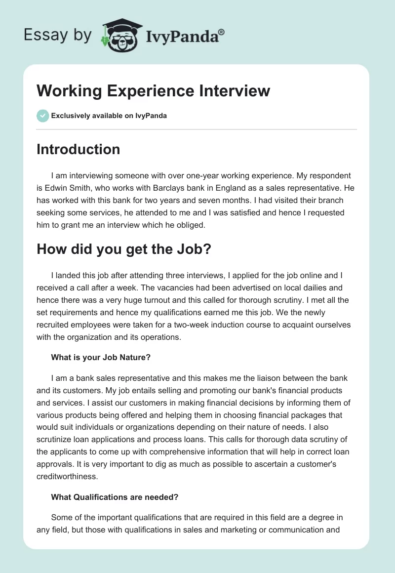 Working Experience Interview. Page 1