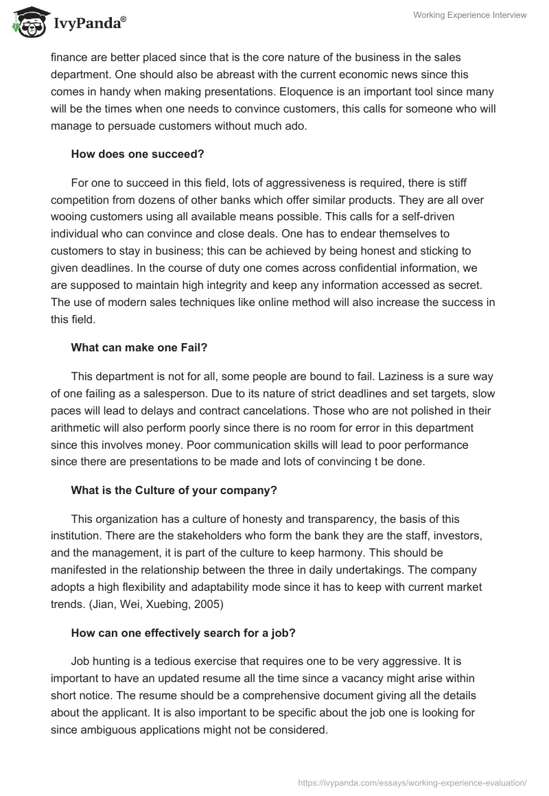 Working Experience Interview. Page 2