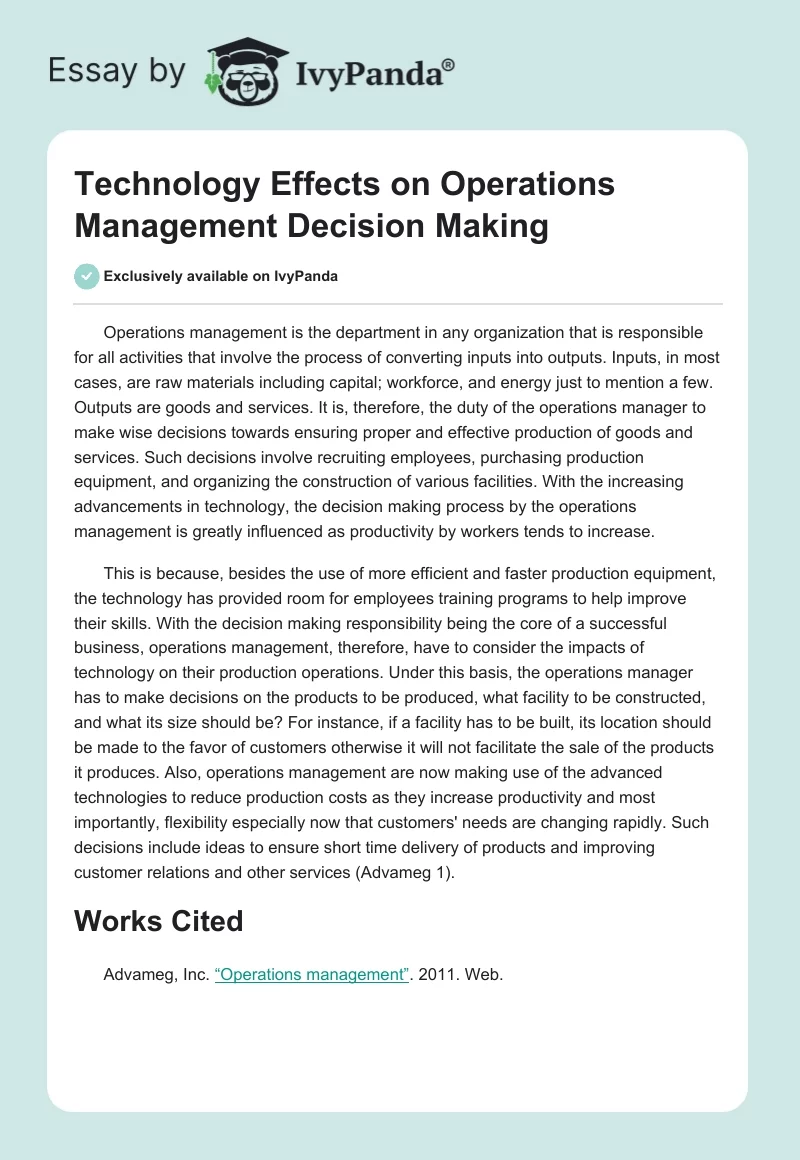Technology Effects on Operations Management Decision Making. Page 1