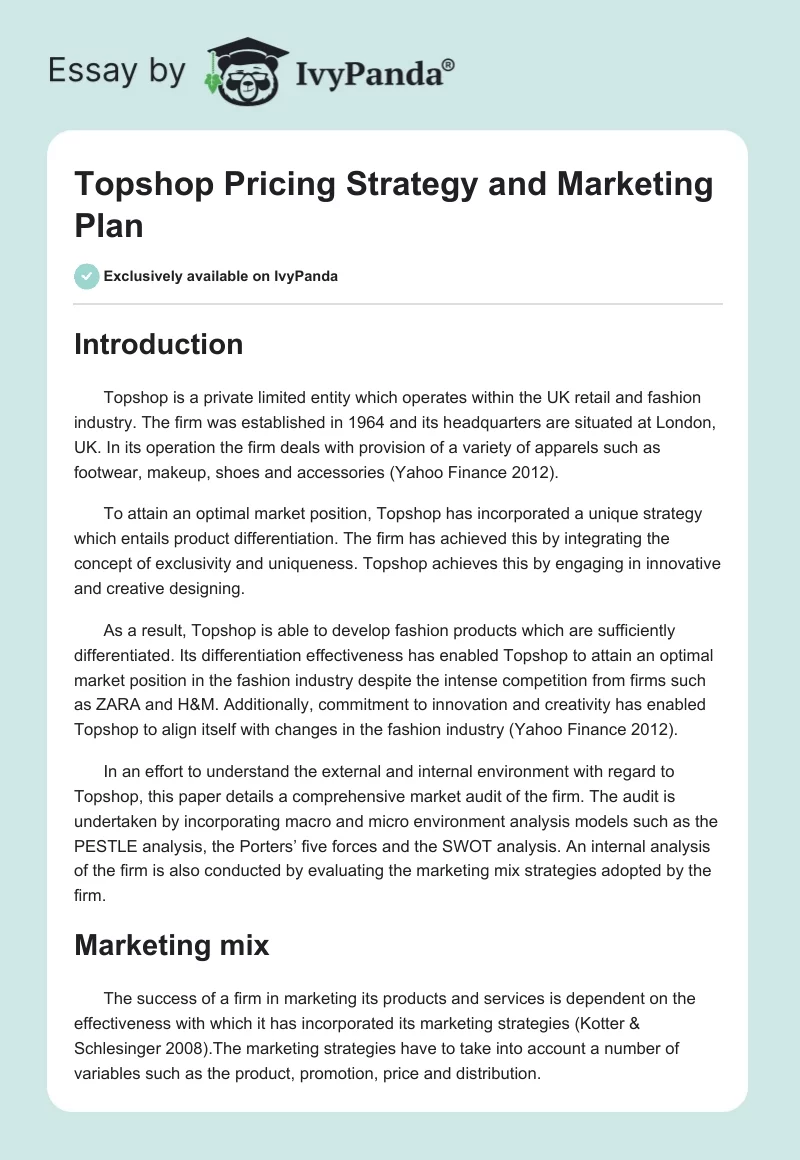 Topshop Pricing Strategy and Marketing Plan. Page 1