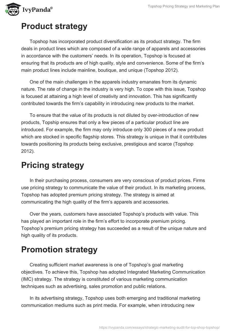 Topshop Pricing Strategy and Marketing Plan. Page 2