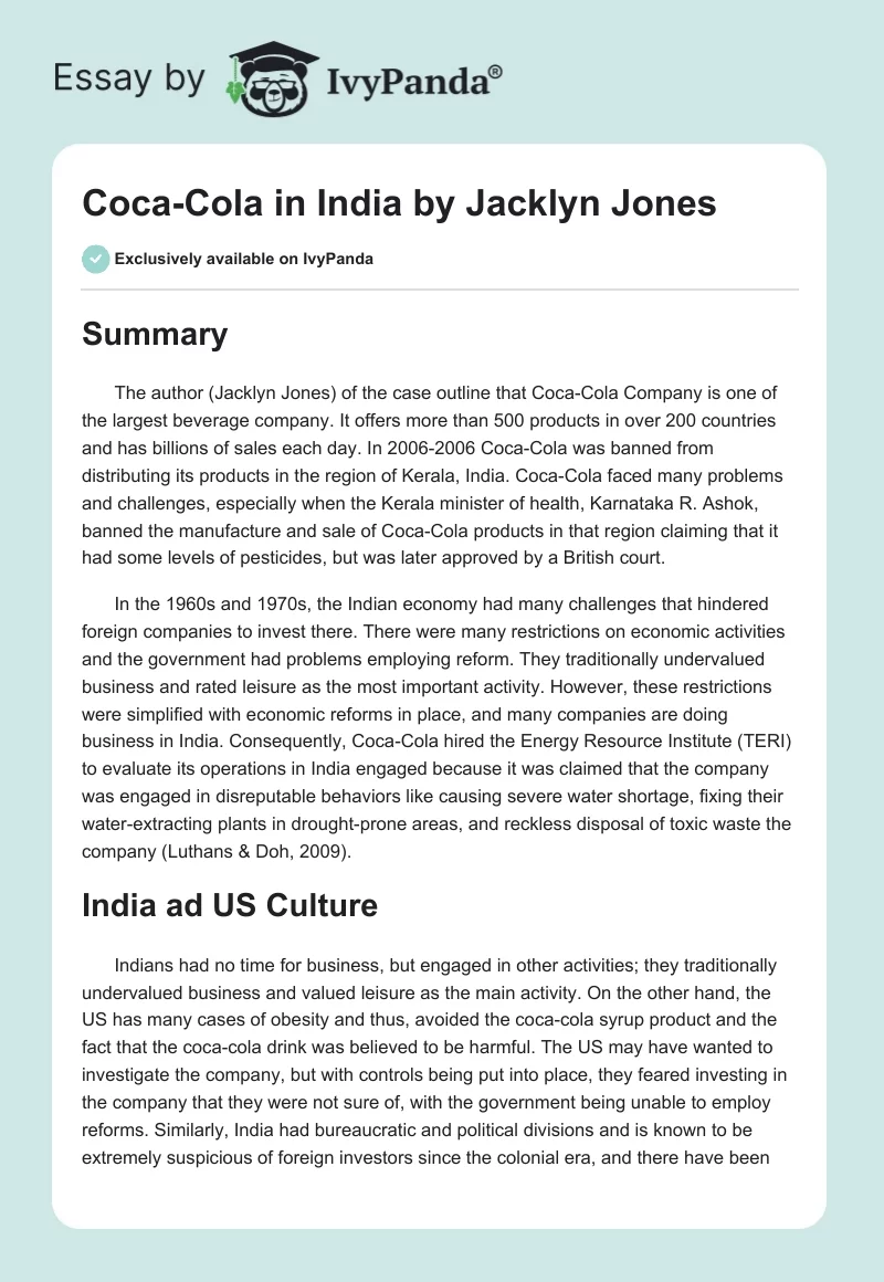 "Coca-Cola in India" by Jacklyn Jones. Page 1