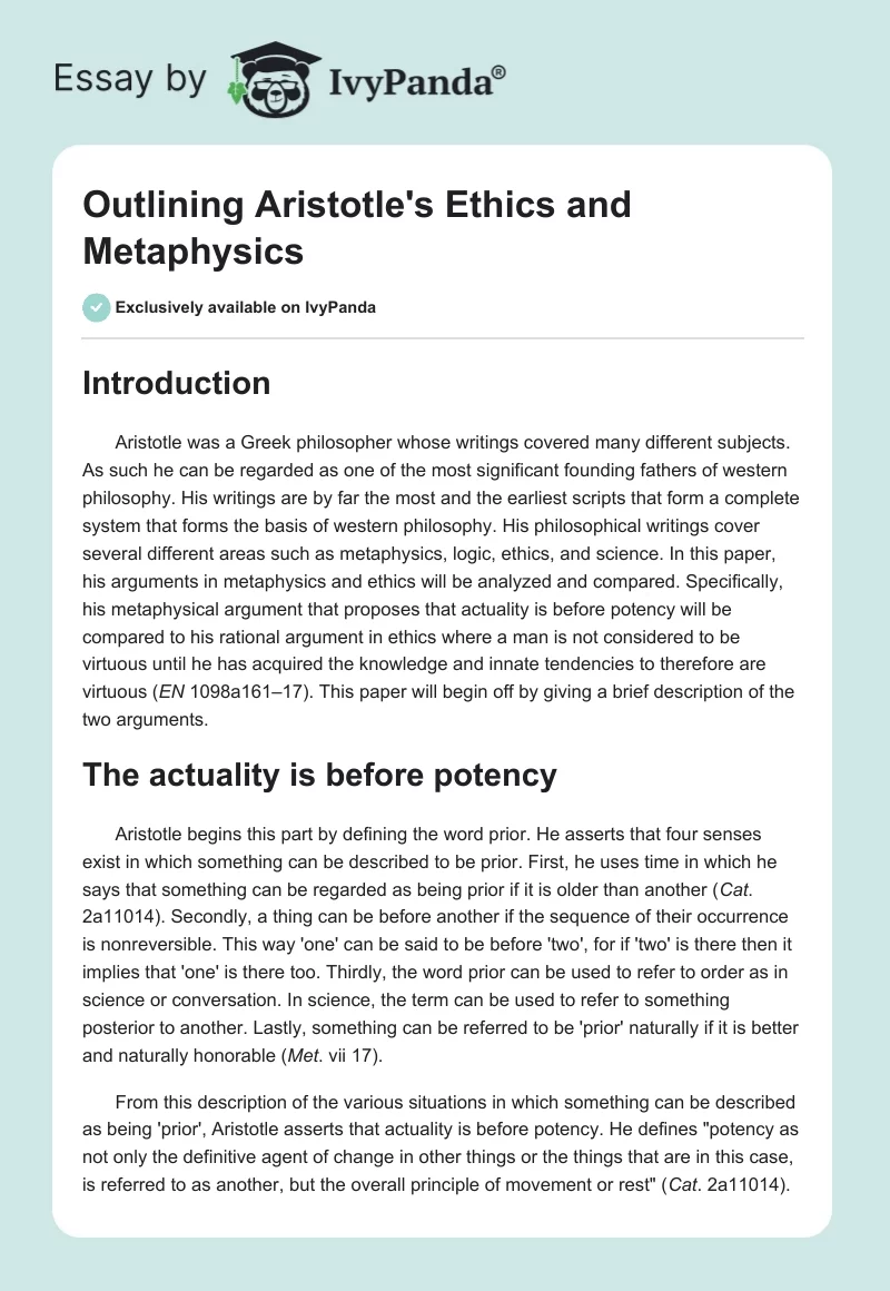 Outlining Aristotle's Ethics and Metaphysics. Page 1