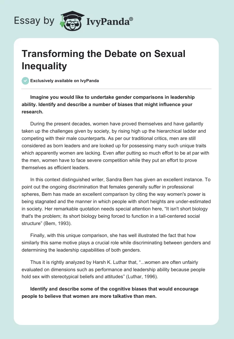 Transforming the Debate on Sexual Inequality. Page 1