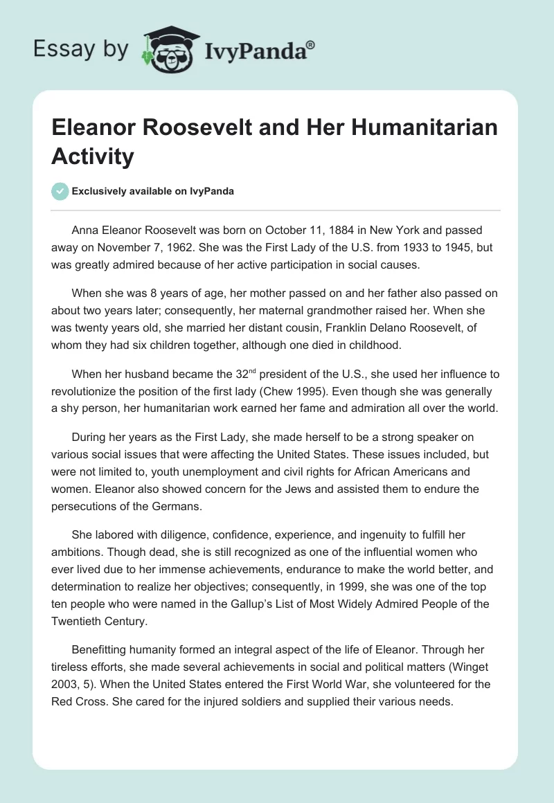 Eleanor Roosevelt and Her Humanitarian Activity. Page 1