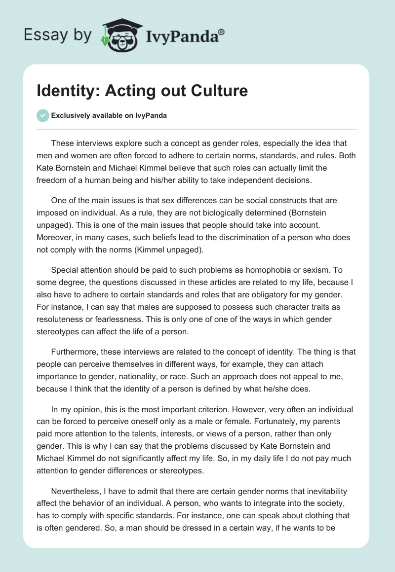 Identity: Acting out Culture. Page 1