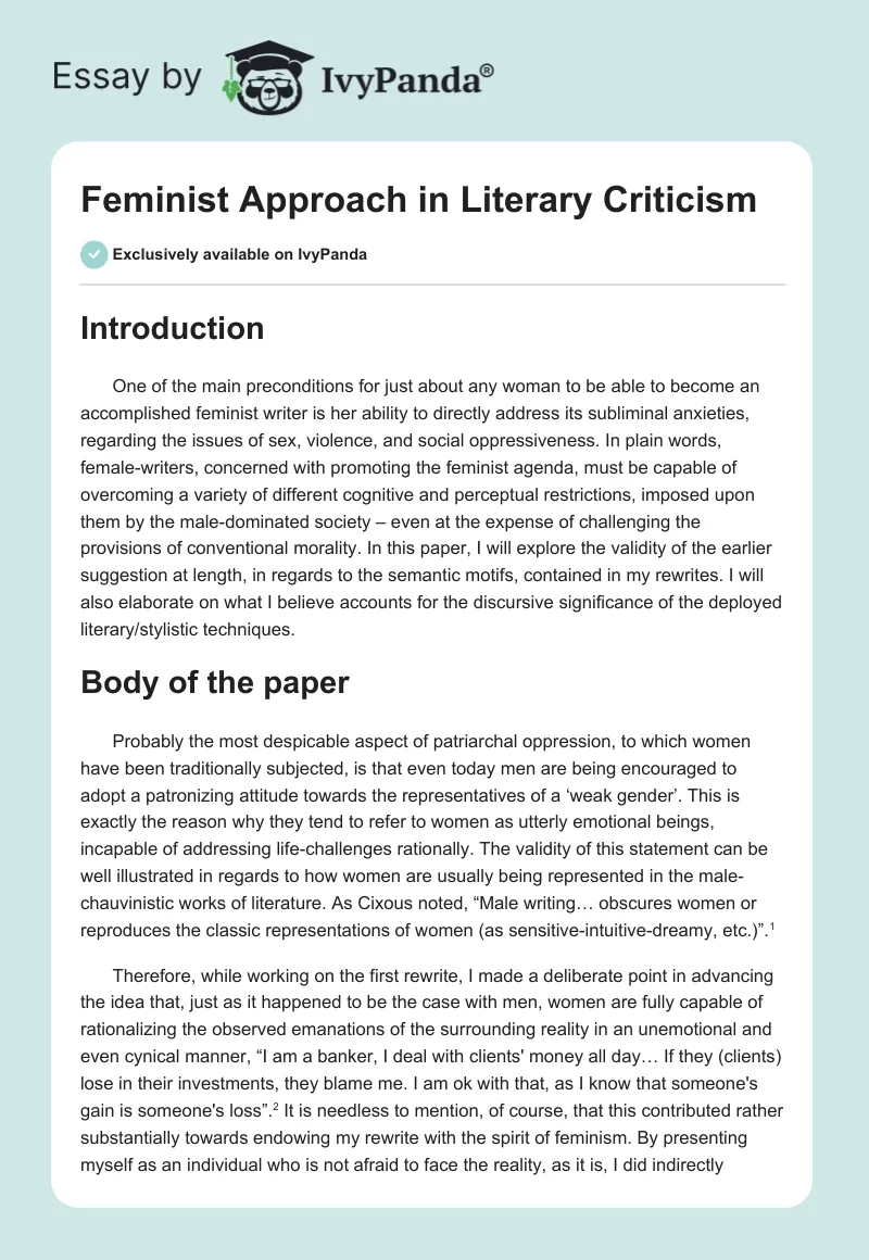 Feminist Approach in Literary Criticism. Page 1