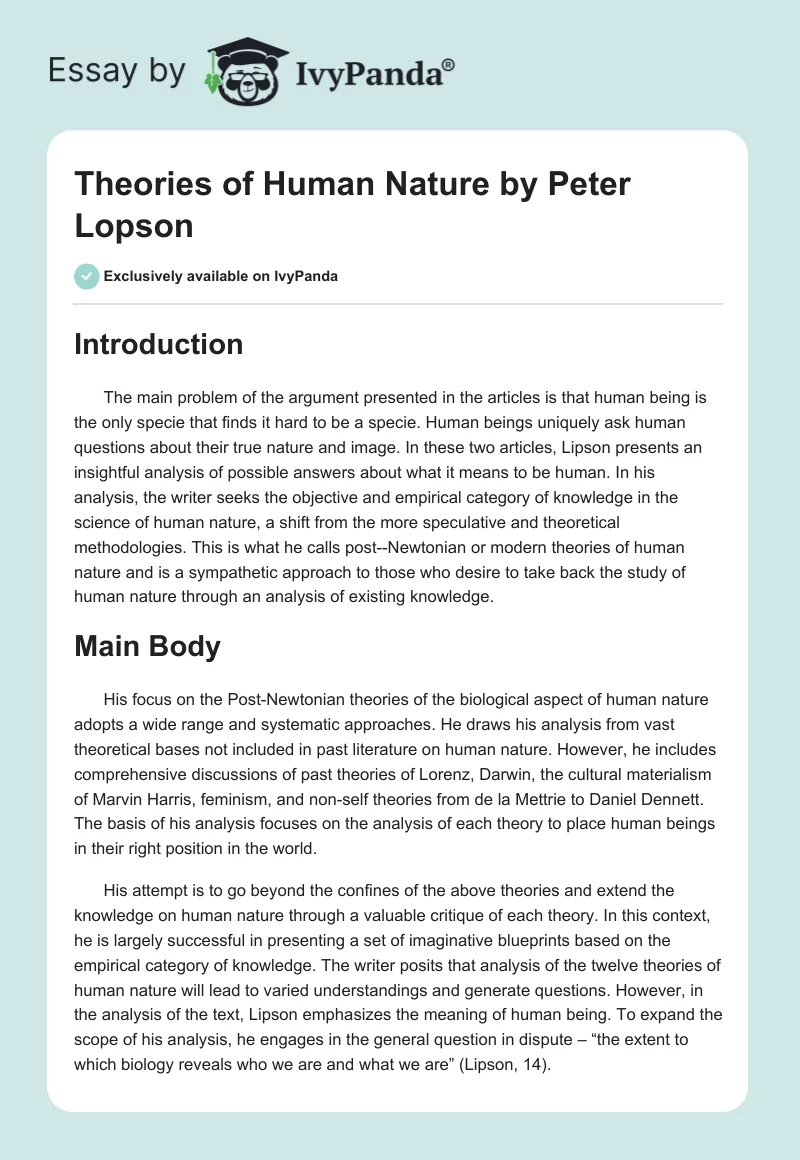 "Theories of Human Nature" by Peter Lopson. Page 1