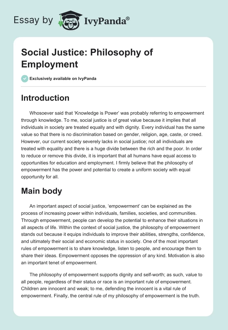 Social Justice: Philosophy of Employment. Page 1
