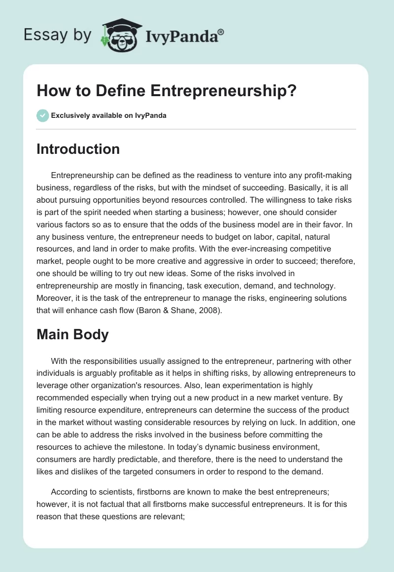 How to Define Entrepreneurship?. Page 1