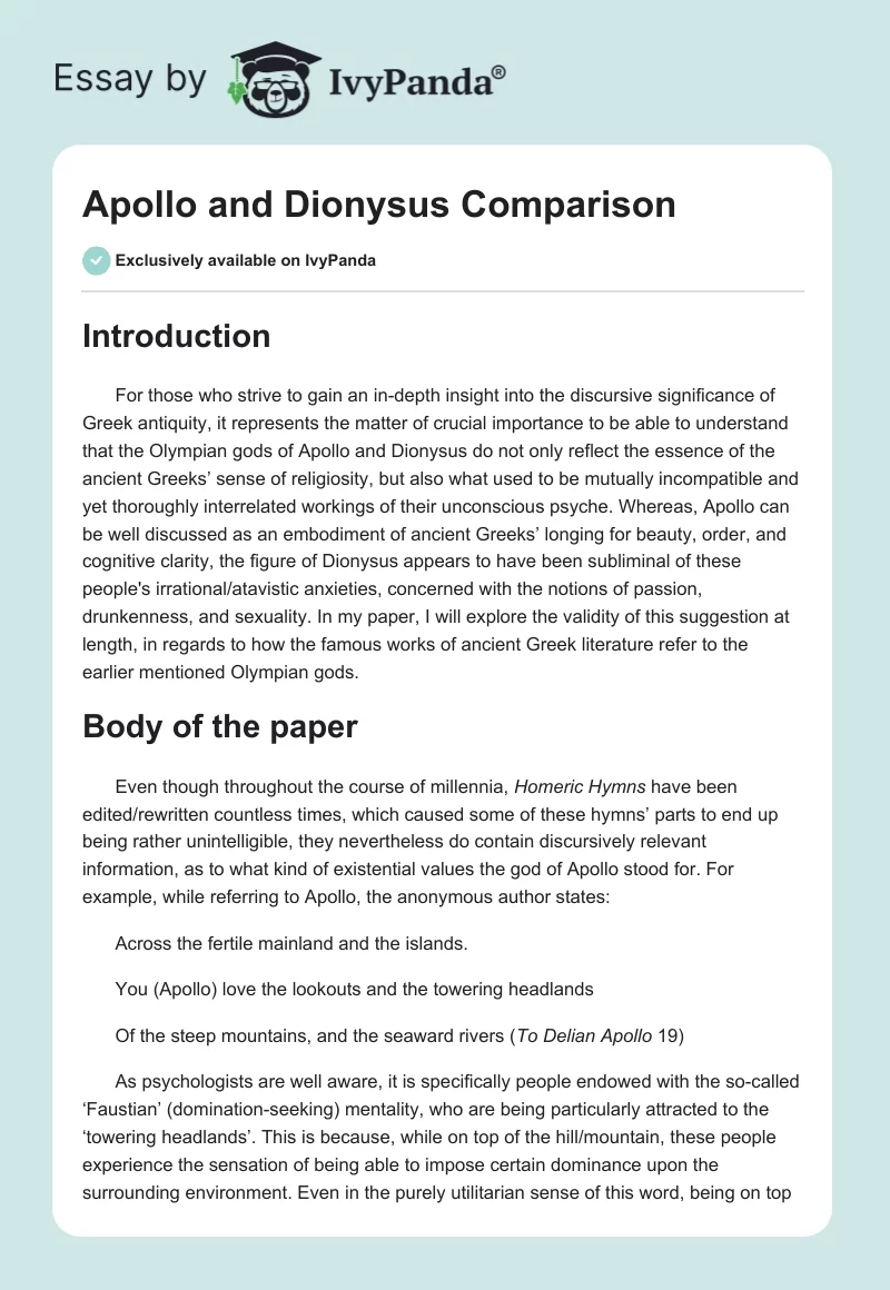 Apollo and Dionysus Comparison. Page 1