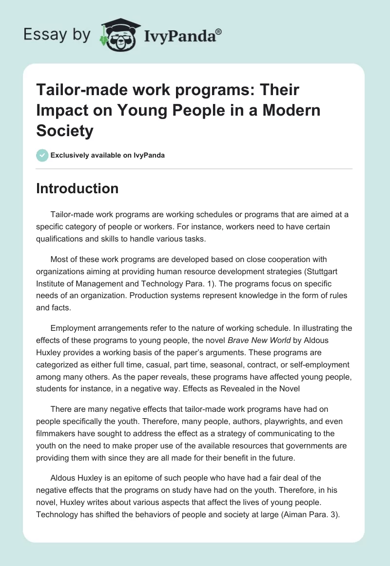 Tailor-made work programs: Their Impact on Young People in a Modern Society. Page 1