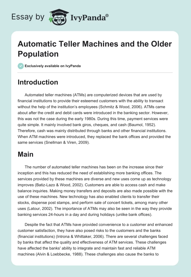 Automatic Teller Machines and the Older Population. Page 1