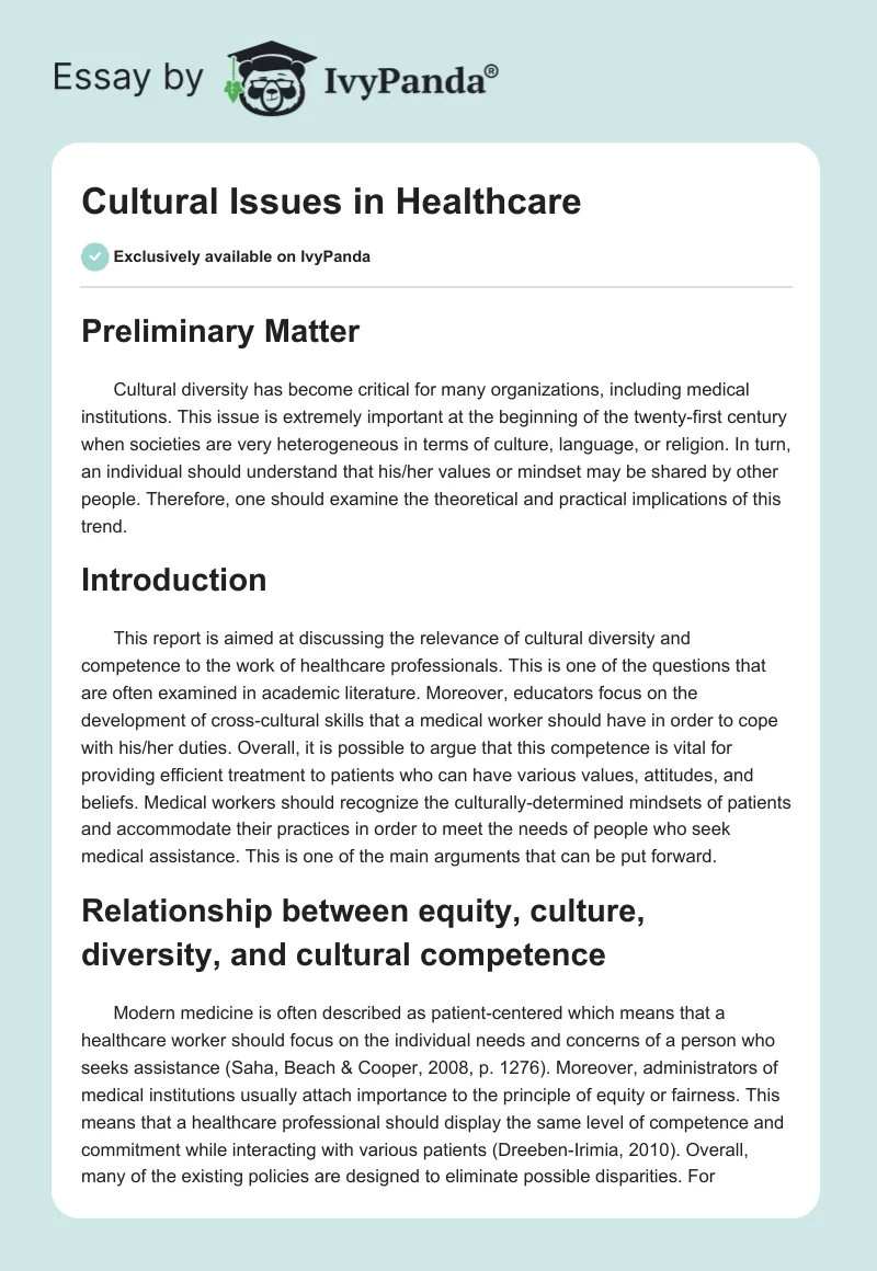 Cultural Issues in Healthcare. Page 1