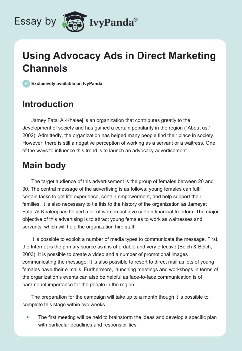 Using Advocacy Ads in Direct Marketing Channels. Page 1