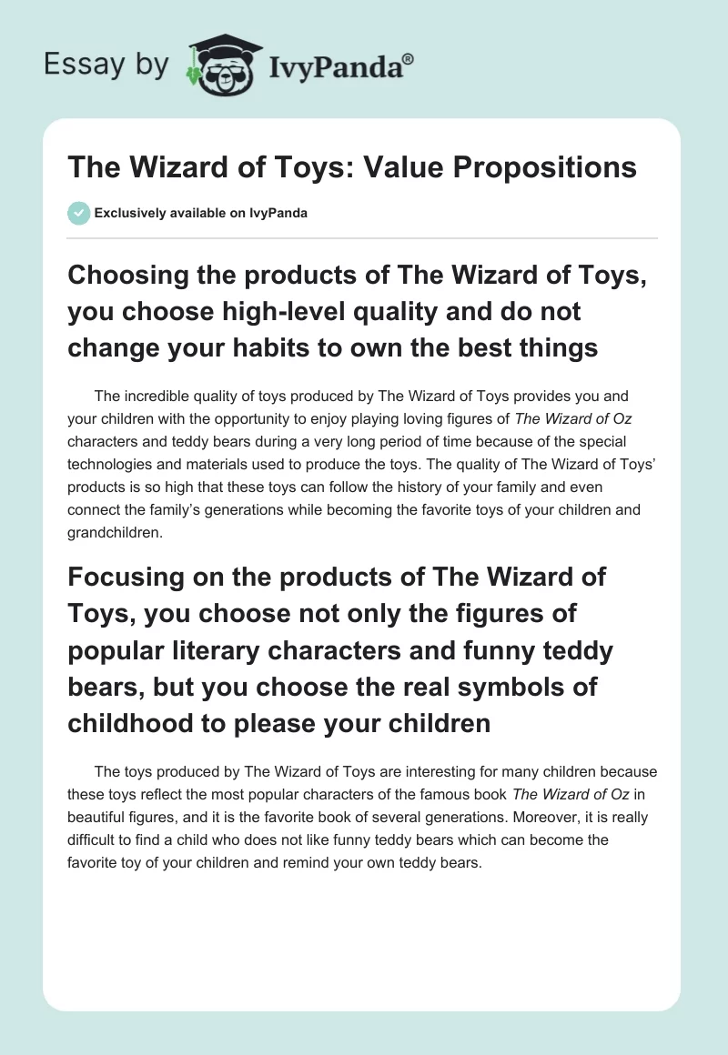 The Wizard of Toys: Value Propositions. Page 1