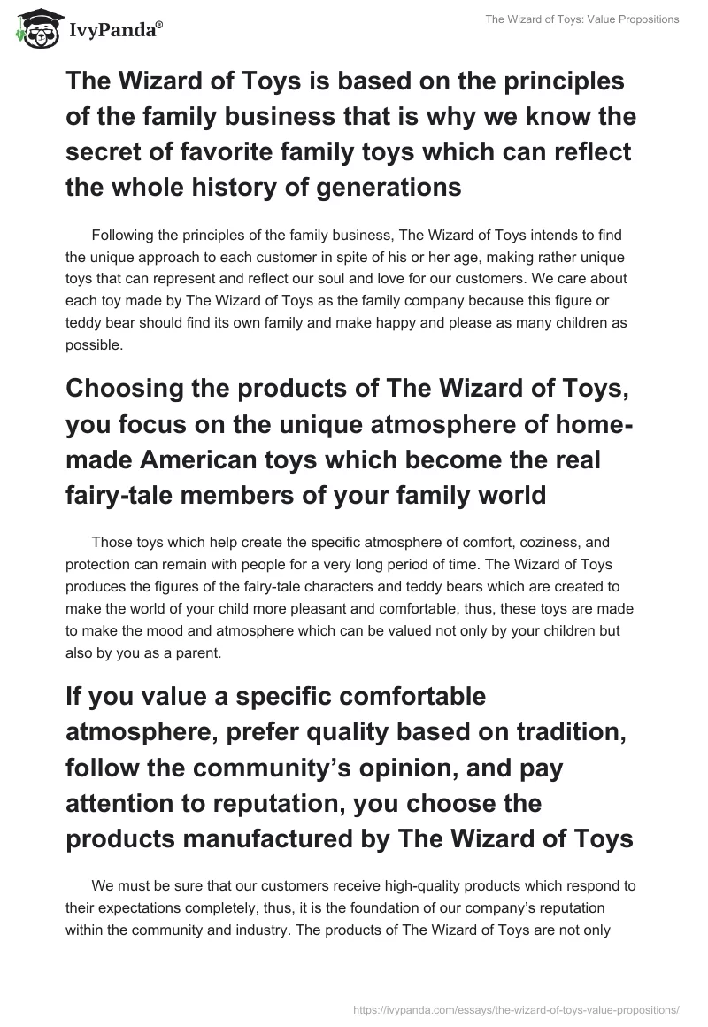 The Wizard of Toys: Value Propositions. Page 2