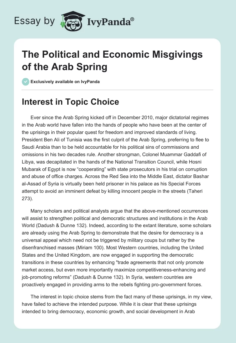 The Political and Economic Misgivings of the Arab Spring. Page 1