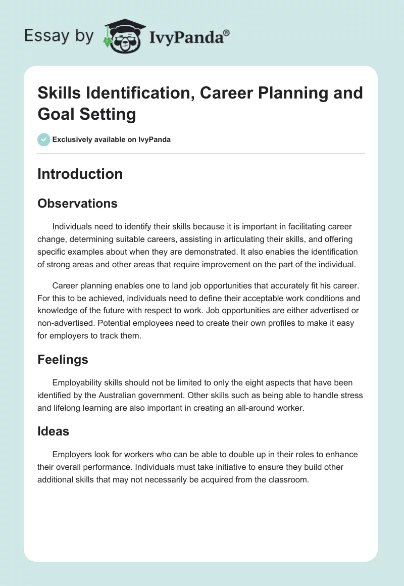 Skills Identification, Career Planning and Goal Setting. Page 1